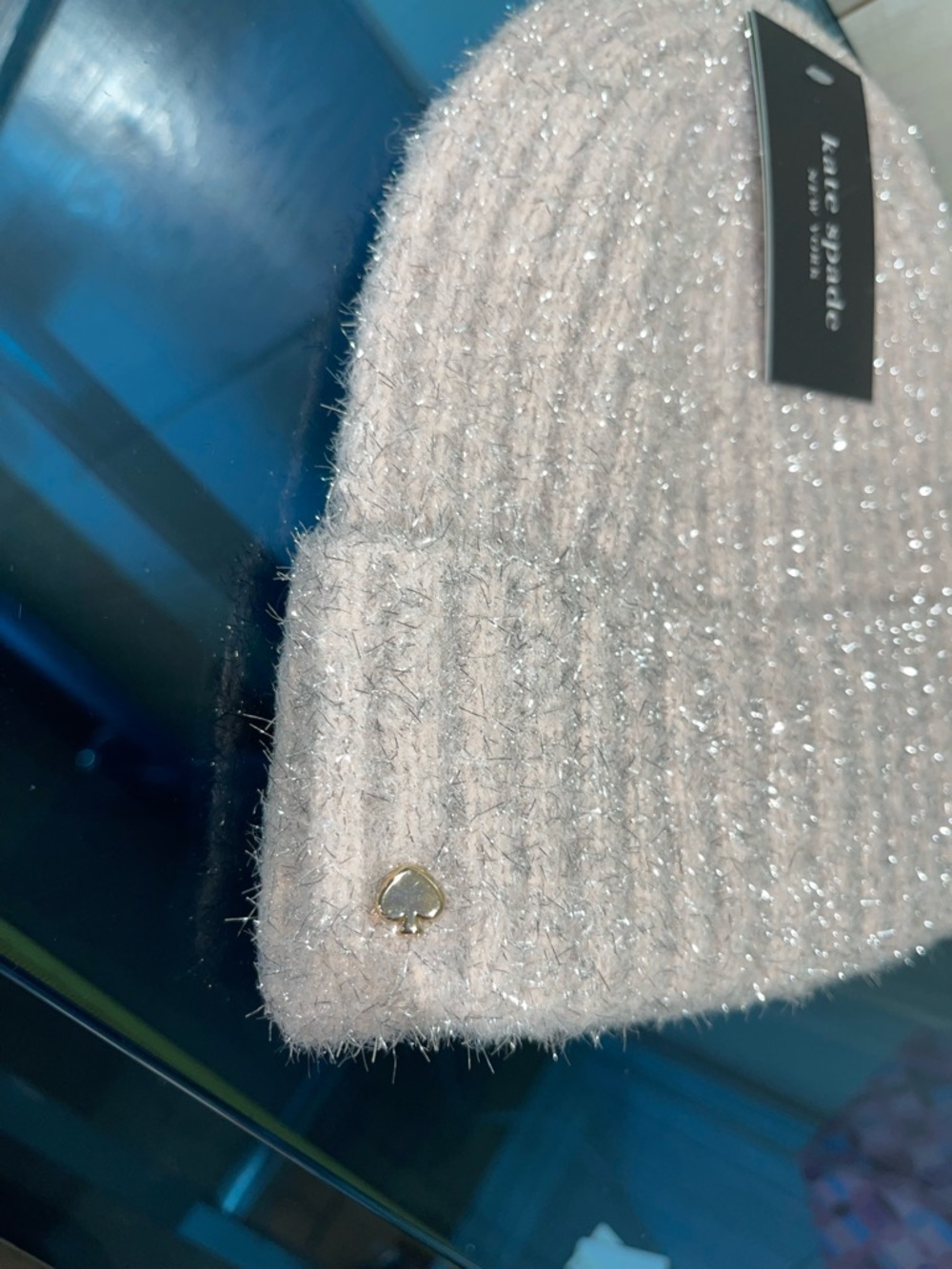 Kate Spade ♠️ Tinsel Knit Beanie in English Rose Winter Hat Pink Metallic NWT - Picture 3 of 8